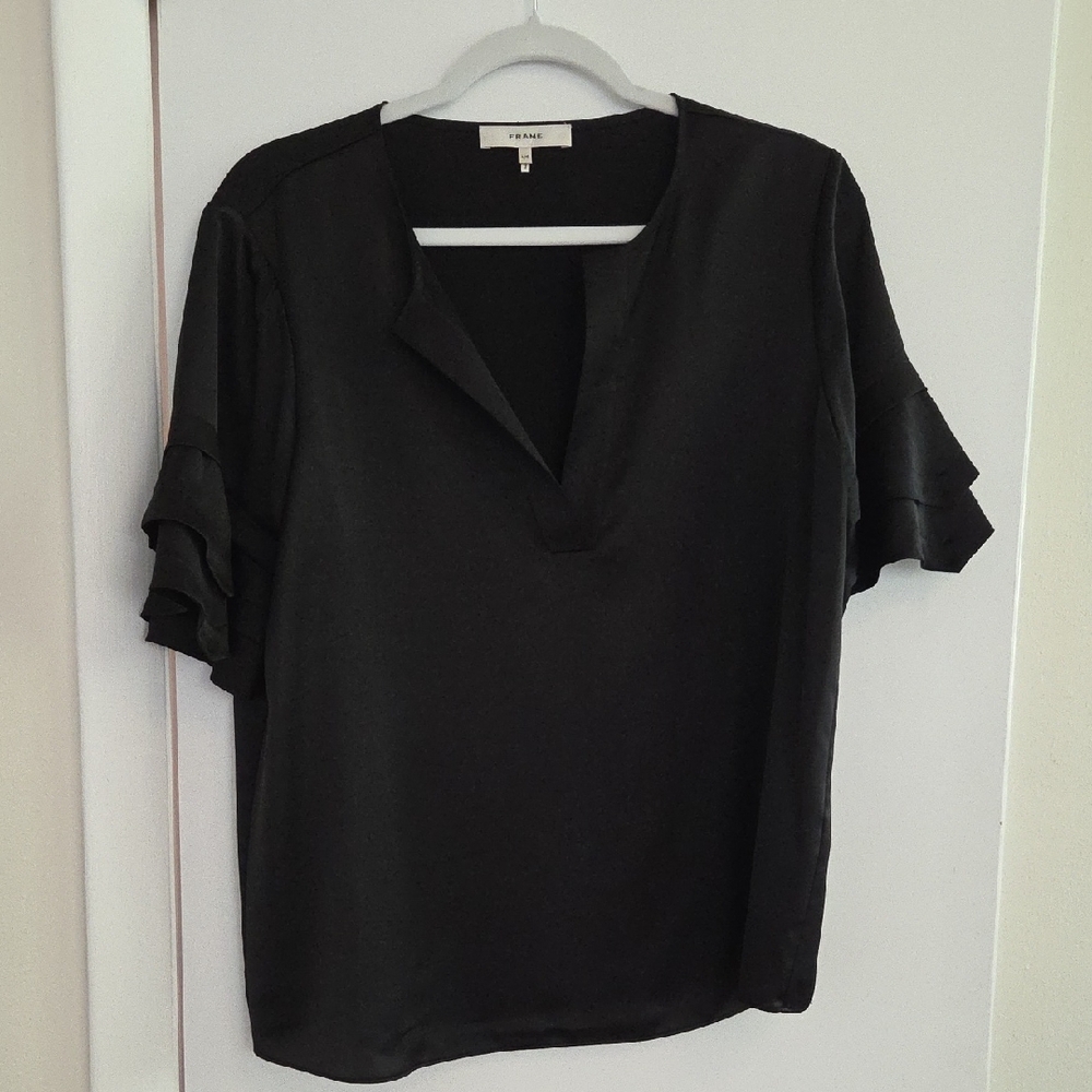 Frame Denim Black V-Neck Blouse with Ruffle Sleeves
